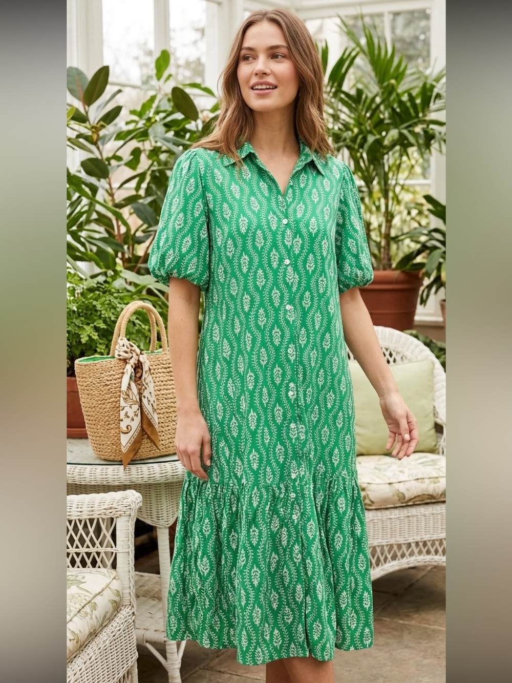 CeCe Puff Sleeve Midi Shirtdress Kelly Green White Floral Petite XL
